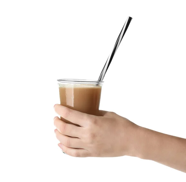 Woman holding glass with protein shake on white background — Stock Photo, Image