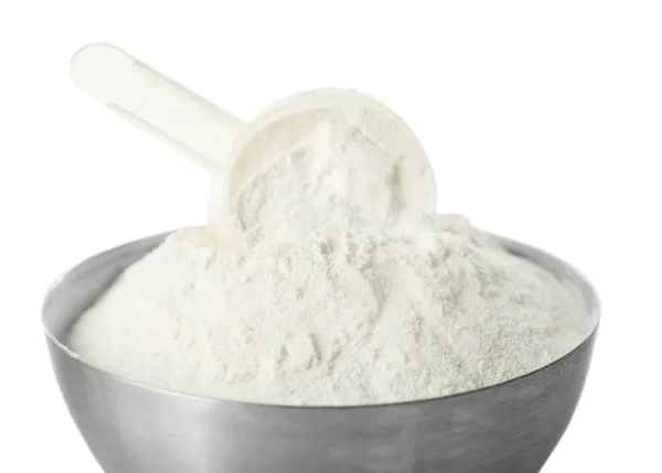 Bowl of protein powder and scoop on white background — Stock Photo, Image