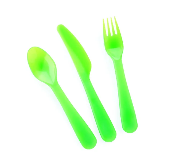 Colorful eating utensils for baby on white background — Stock Photo, Image