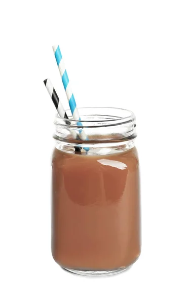 Glass jar of fresh protein shake on white background Stock Photo
