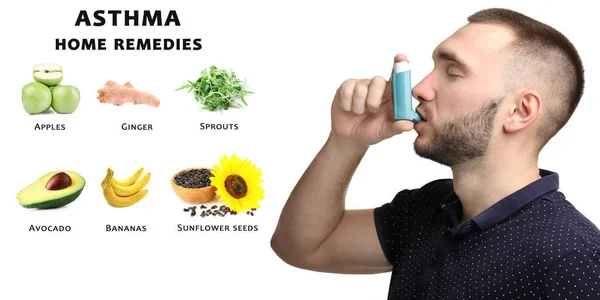 Collage met astma huismiddeltjes en jonge man met behulp van de inhalator op witte achtergrond — Stockfoto