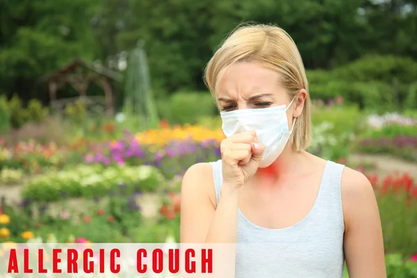 Young woman suffering from allergic cough outdoors — Stock Photo, Image