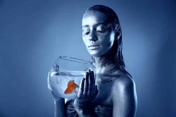 Young woman with amazing bodyart as Pisces — Stock Photo, Image