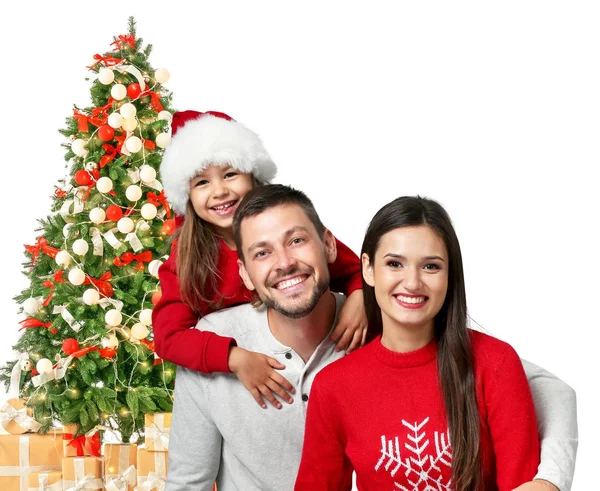 Família feliz com caixas de presente e árvore de Natal decorada em fundo branco — Fotografia de Stock
