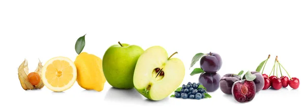 Collage of different fruits and berries on white background — Stock Photo, Image