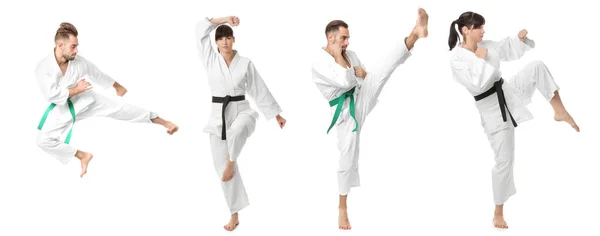 Collage with young people practising karate on white background — Stock Photo, Image