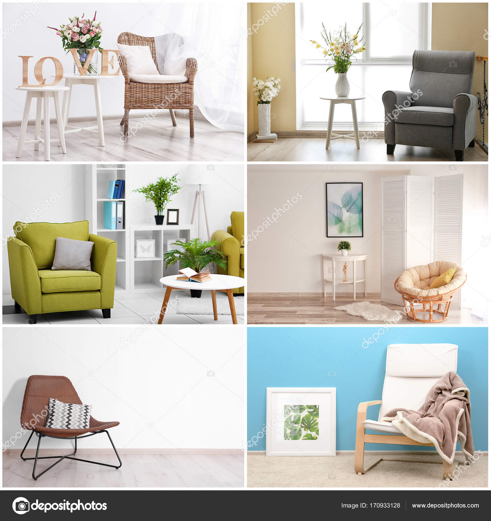 Collage med olika fÃ¥töljer i modern inredning — stockfotografi ...