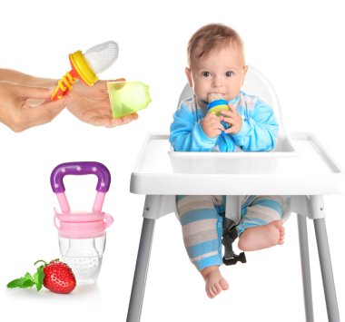 Baby sitting in high chair and female hands with nibbler on white background clipart