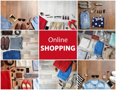 Online alışveriş kavramı için şık giysileri ile kolaj