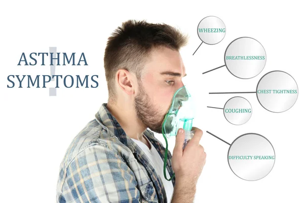 Man with asthma machine and list of symptoms on white background — Stock Photo, Image