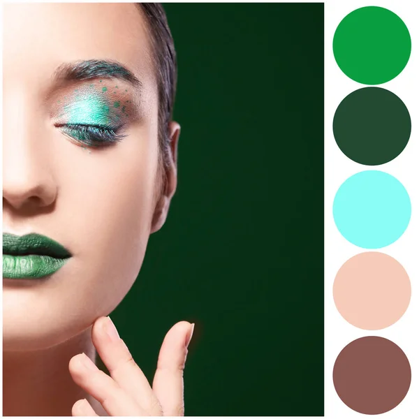 Tavolozza dei colori e bella donna con trucco fantasia su sfondo verde — Foto Stock