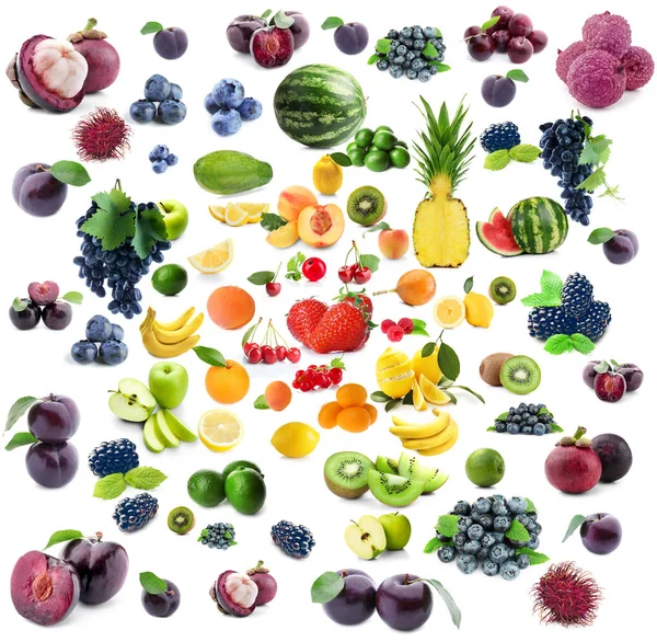 Collage av olika frukter och bär på vit bakgrund — Stockfoto