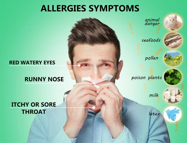 Hombre enfermo y lista de síntomas y causas de alergias en el fondo verde — Foto de Stock