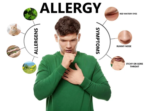 Hombre enfermo y lista de síntomas y causas de alergias en el fondo blanco — Foto de Stock