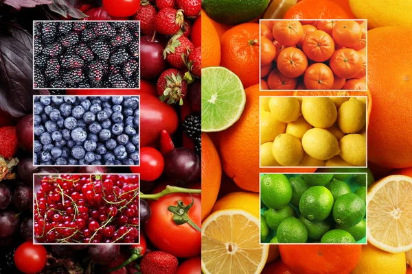 Collage de diferentes frutas y bayas — Foto de Stock