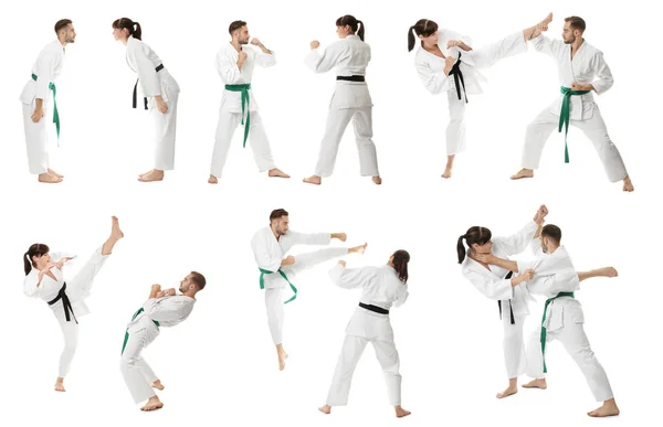 Collage med ungdomar som utövar karate på vit bakgrund — Stockfoto