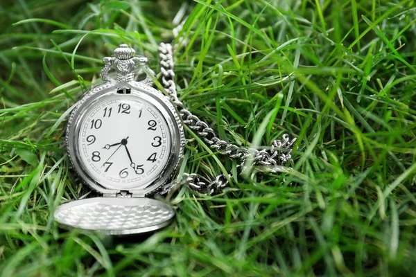 Relógio de bolso em grama verde. Conceito de rotina matinal — Fotografia de Stock