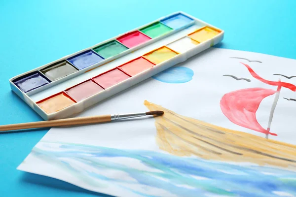 Child's painting of ship in sea on color background, closeup — Stock Photo, Image