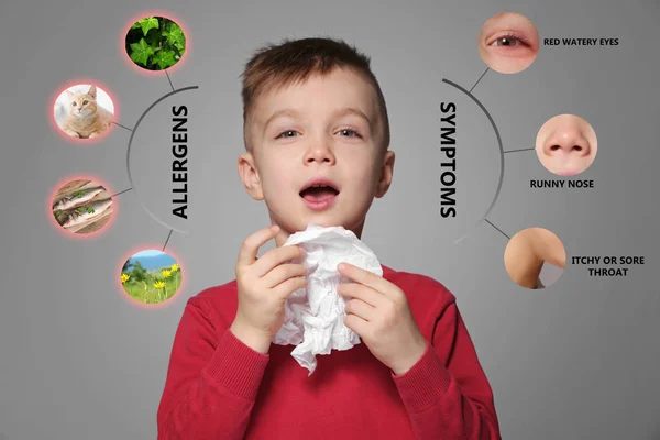 Sjuk liten pojke och en lista av allergier symtom och orsaker på grå bakgrund — Stockfoto