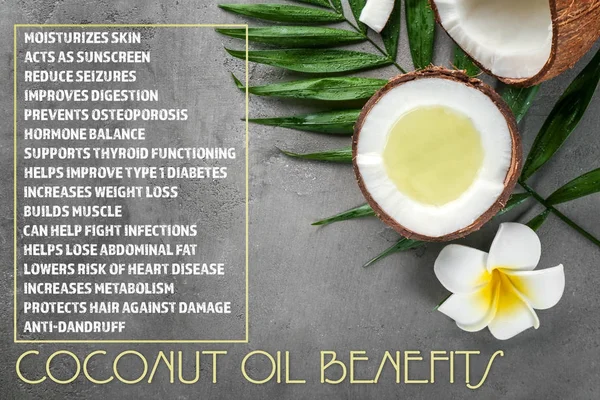 Coconut oil and list of benefits — Stock Photo, Image