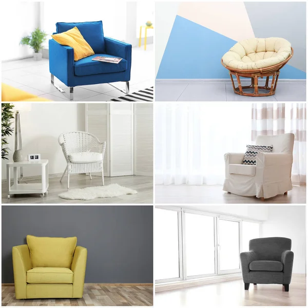 Коллаж с различными креслами в современном дизайне интерьера — стоковое фото
