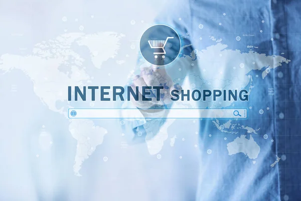 Man pushing shopping cart button of internet store on virtual screen — Stock Photo, Image