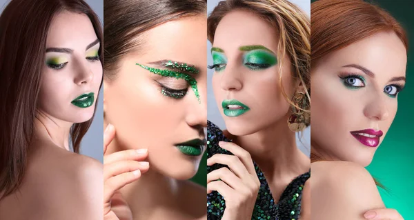 緑の派手な化粧と若い美しい女性のコラージュ — ストック写真