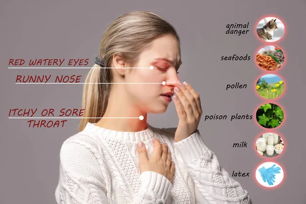 Syk kvinne og liste over allergisymptomer og årsaker til dette på grå bakgrunn – stockfoto