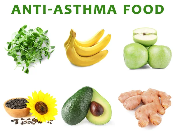 Collage Asthma Food White Background — Stock Photo, Image