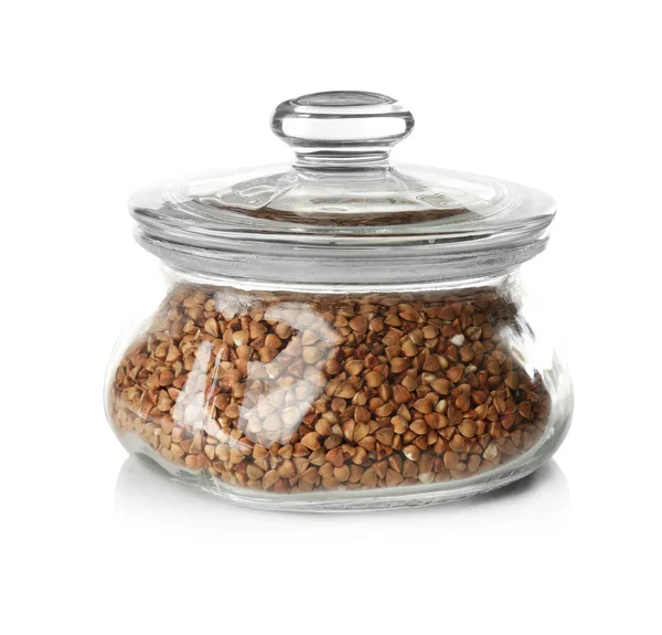 Raw buckwheat in glass jar — Stock Photo, Image