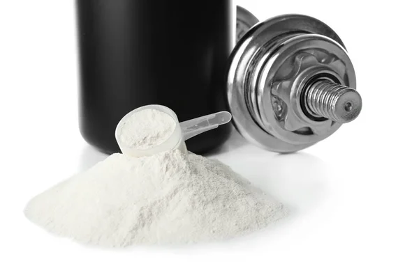 Jar, protein powder and dumbbell on white background — Stock Photo, Image