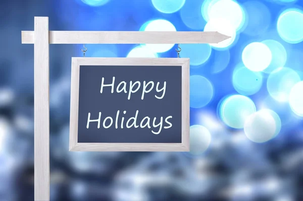 Bord Met Tekst Happy Holidays Achtergrond Wazig Lights — Stockfoto