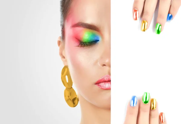 Schöne junge Frau mit Regenbogen-Make-up auf weißem Hintergrund — Stockfoto