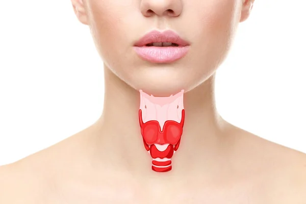 Giovane donna con illustrazione della gola su sfondo bianco. Concetto di cancro — Foto Stock