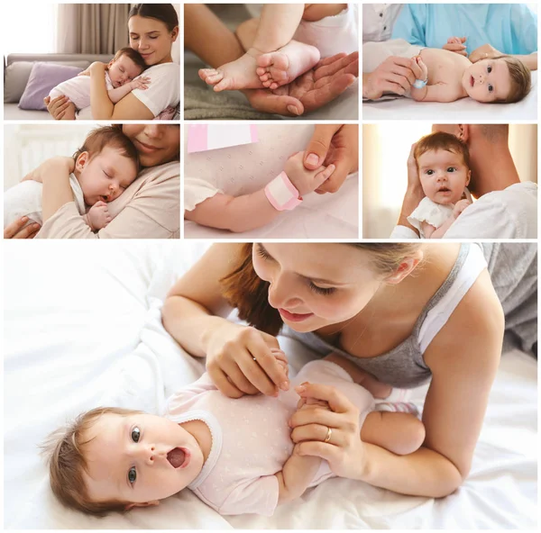 Collage with cute newborn baby and parents Stock Photo