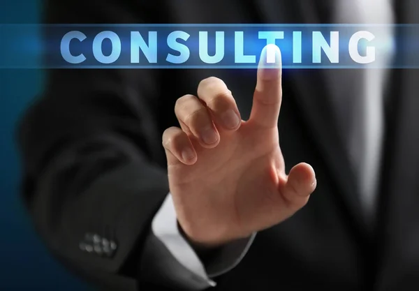 Man working with virtual screen. Consulting service concept — Stock Photo, Image