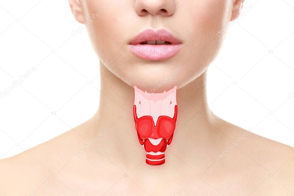 Young woman with illustration of throat on white background. Cancer concept