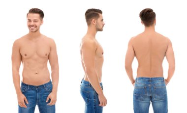 Genç seksi adam beyaz zemin üzerine kolaj