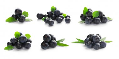 Collage of acai berries on white background clipart