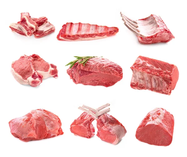 Collage di carne fresca su fondo bianco — Foto Stock