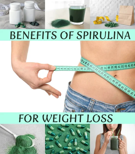 Collage med spirulina tabletter — Stockfoto