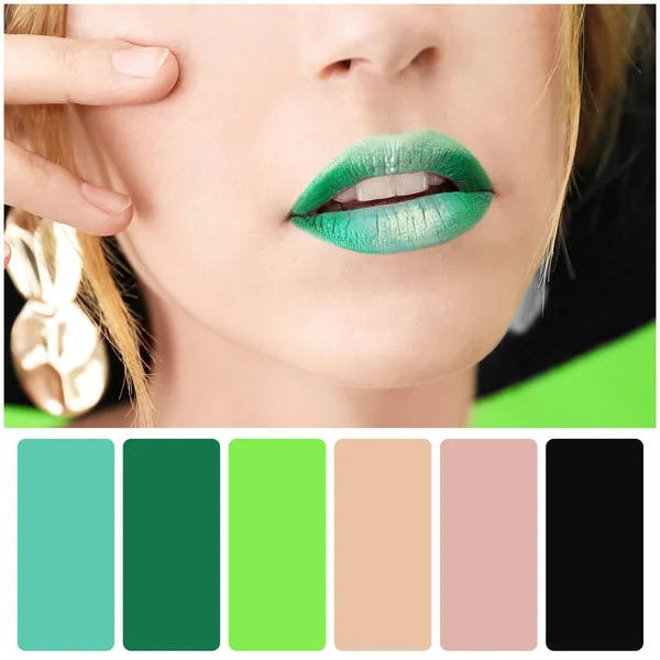 Color palette and beautiful woman with fancy green lipstick