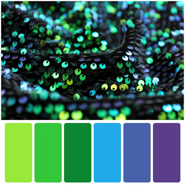 Paleta barev a krásné látky s lesklými flitry — Stock fotografie