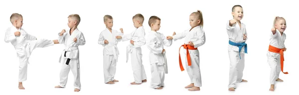 Коллаж с маленькими детьми, практикующими карате на белом фоне — стоковое фото