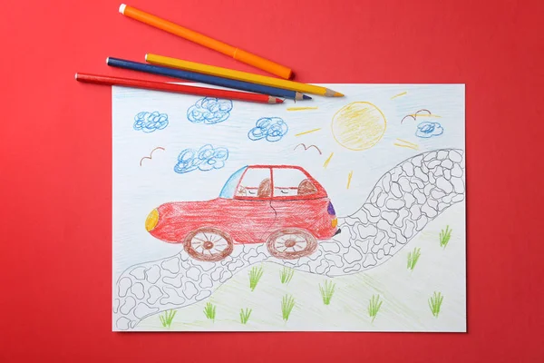 Dessin d'enfant de voiture rouge sur fond rouge — Photo