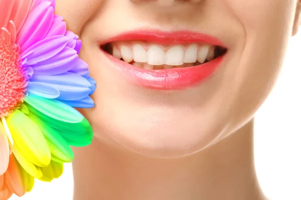 Beautiful Young Woman Flower Rainbow Petals Closeup — Stock Photo, Image
