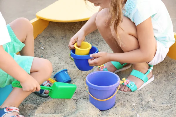 Little Children Playing Toys Sand Box Outdoors — Stock Photo, Image