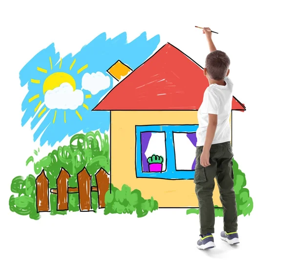 Kleiner Junge malte Bild auf weißem Hintergrund — Stockfoto