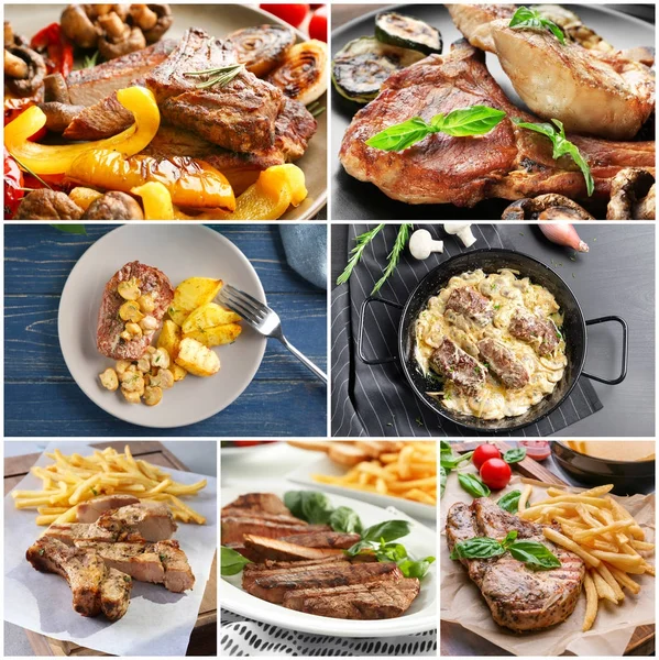 Collage de diferentes platos con bistec — Foto de Stock
