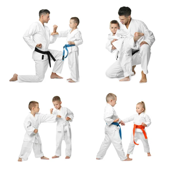 Collage mit kleinen Kindern und Lehrer, die Karate auf weißem Hintergrund üben — Stockfoto